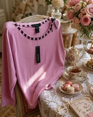 Silks Stretch Pink Ribbon Trim Sweater Top L NWT 3/4 Sleeve Soft Knit